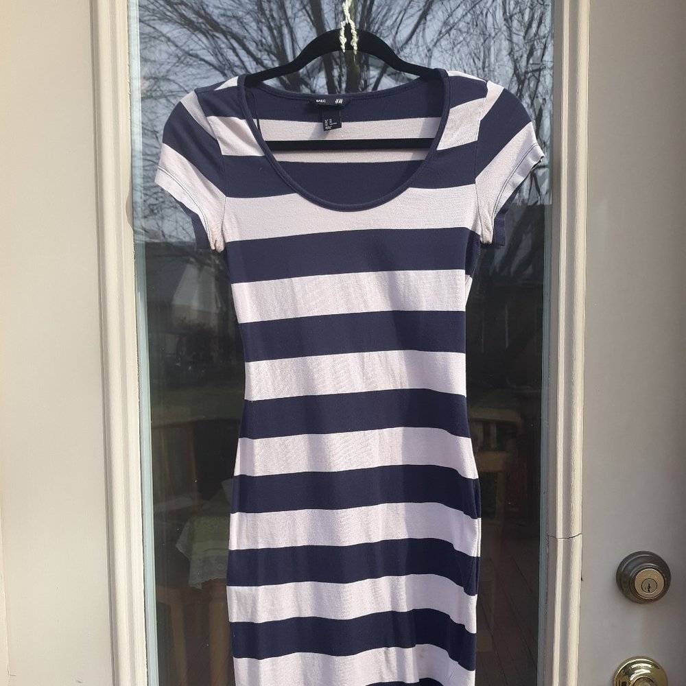 H & M Bodycon Blue and Beige Striped XS Dress